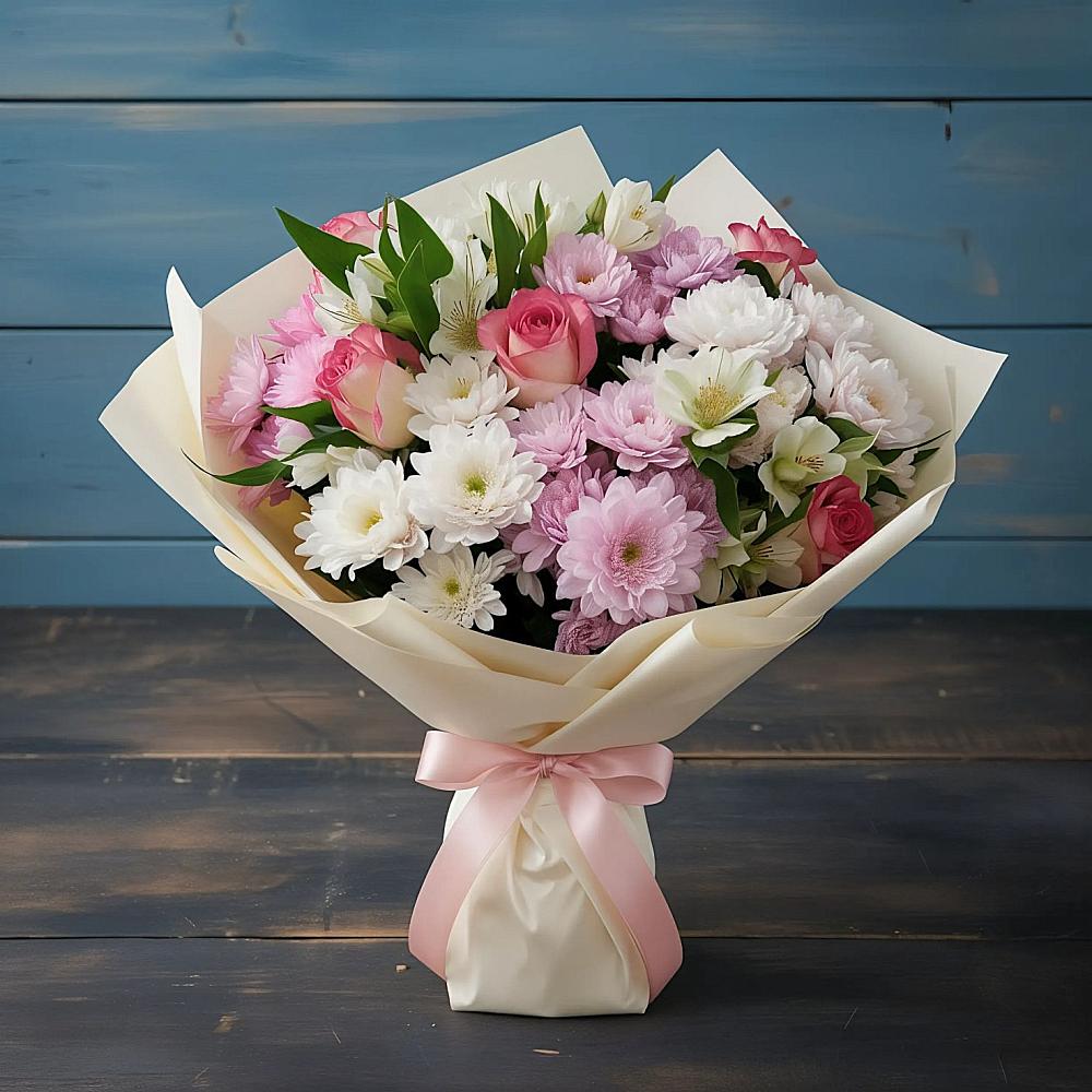 Букет цветов из: Хризантемы, Альстромерии и Розы в Новом Городке